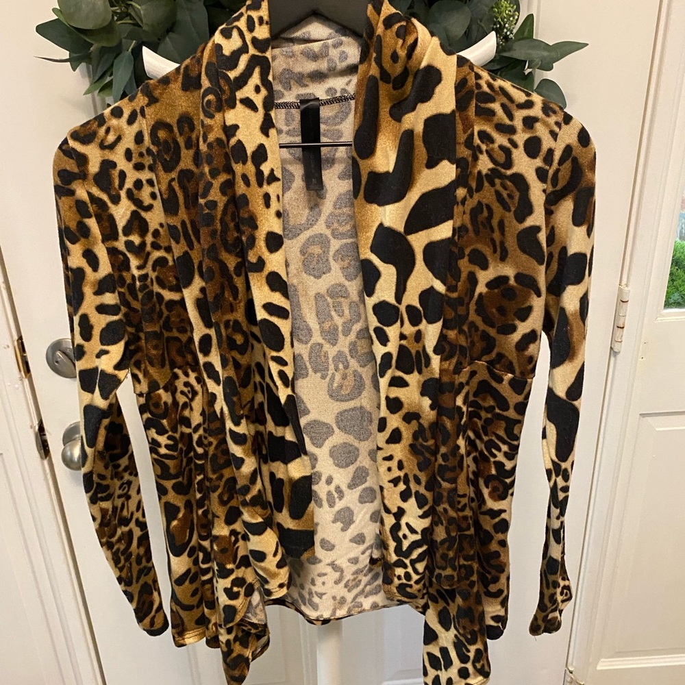 Isabella Rodriguez Animal Leopard Print Open Front Waterfall Cardigan LS M
